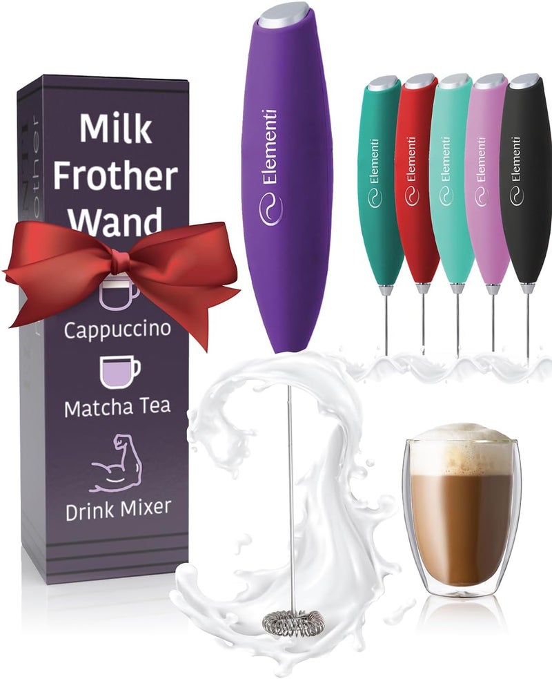Elementi Drink Mixer Handheld - Electric Stirrer and Powerful Protein Powder Mixer Wand, Easy-to-Use Mini Frother Wand for Quick Delicious Cocktails, Milk Frother and Coffee Stirrers (Purple) - Image 1